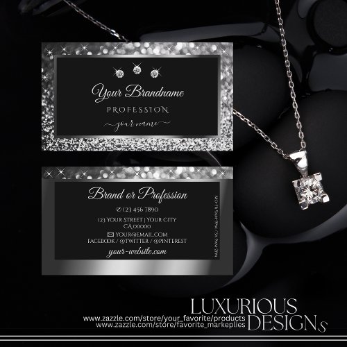 Luminous Silver Sparkle Glitter Diamonds Black Business Card