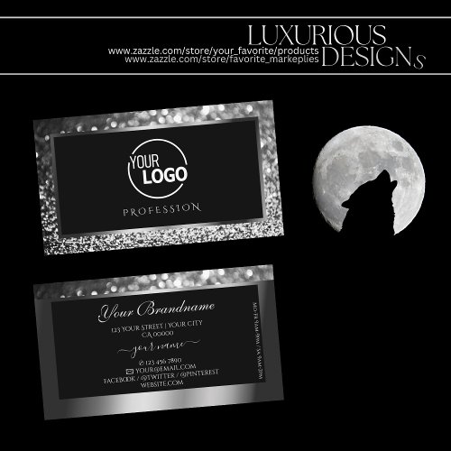 Luminous Silver Sparkle Glitter Logo Black Elegant Business Card