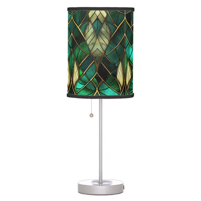 Luminous Stained Glass Shades Of Green and Gold Table Lamp | Zazzle