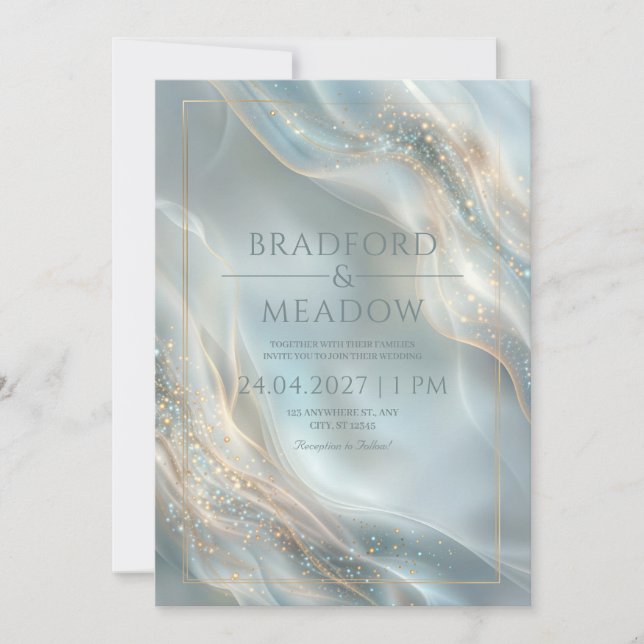 Luminous Stardust Misty Teal Ripple Wedding Invitation (Front)