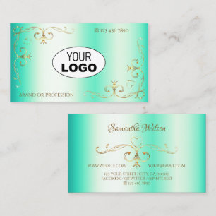 Luminous Teal Gold Ornate Corner Border with Logo Business Card