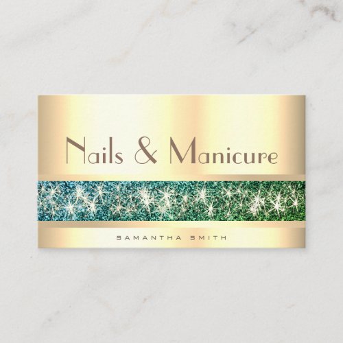 Luminous Teal Ombre Glitter Golden Nail Fashion Business Card