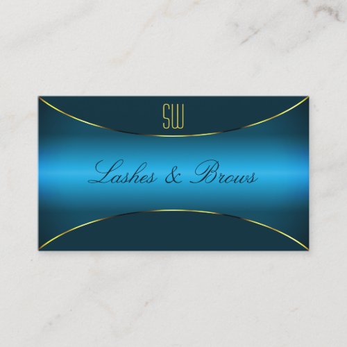 Luminous Teal with Gold Border and Monogram Modern Business Card