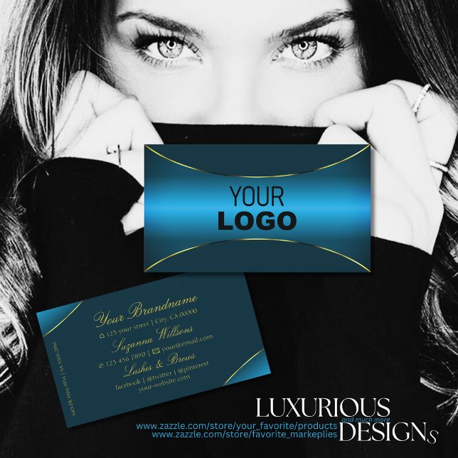 Luminous Teal with Gold Shimmer Border and Logo Business Card (Creator Uploaded)