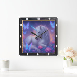 Luminous Unicorn Butterfly Fantasy Square Wall Clock