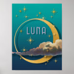 Luna and the Night Sky Poster<br><div class="desc">Luna, a digital collage illustration, depicts the nighttime sky with stars, moon and clouds. The cloud and moon images were clipped from an original antique trade card and married to modernistic star designs. The antique dotted pattern has been transferred to the surface of the stars, unifying the old and the...</div>