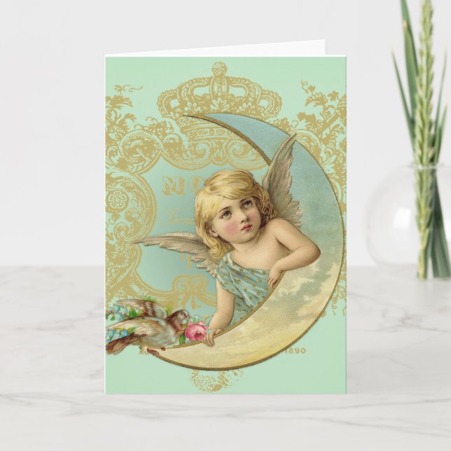 Luna Angel Greeting Card vintage custom art. (Front)