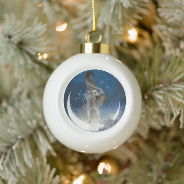 Luna Goddess at Night Scattering Stars Ceramic Ball Christmas Ornament (Tree)