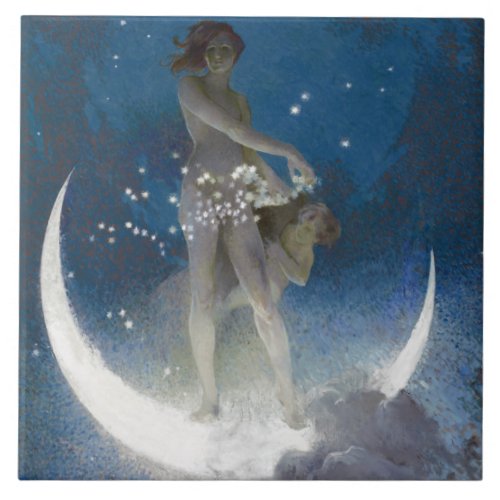 Luna Goddess at Night Scattering Stars Ceramic Tile