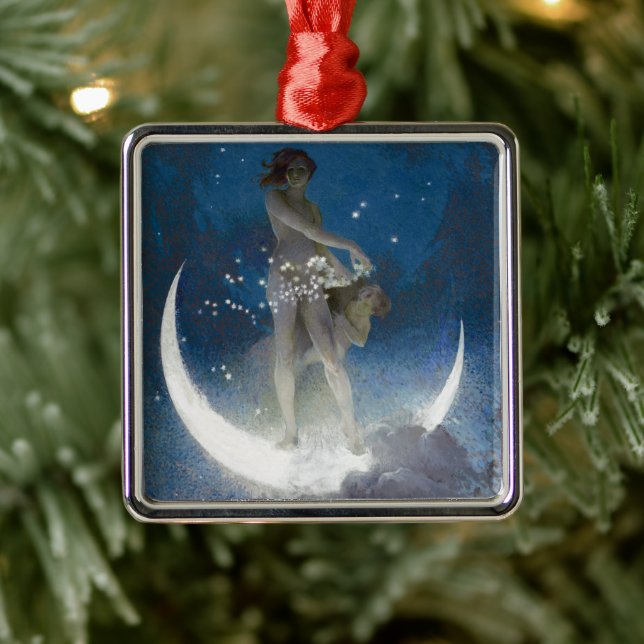 Luna Goddess at Night Scattering Stars Metal Ornament (Tree)