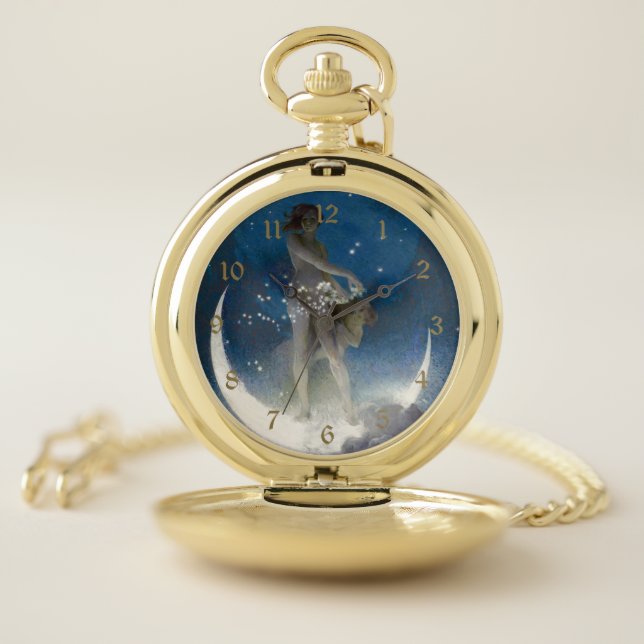 Luna Goddess at Night Scattering Stars Pocket Watch (Inside)