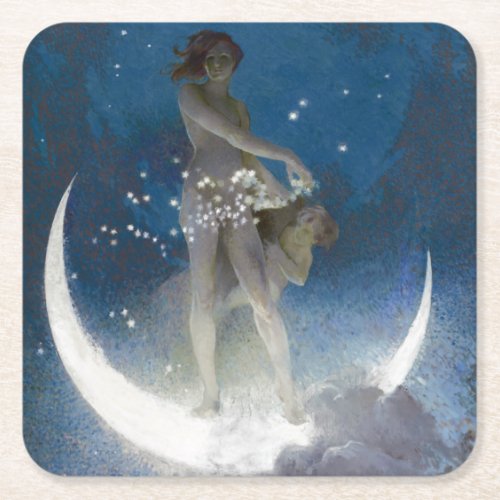 Luna Goddess at Night Scattering Stars Square Paper Coaster