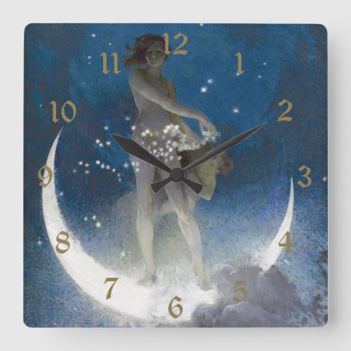 Luna Goddess at Night Scattering Stars Square Wall Clock