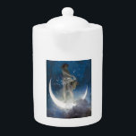 Luna Goddess at Night Scattering Stars Teapot<br><div class="desc">High atop a crescent moon, its horns reaching like celestial fingers, stood Luna, the Moon Weaver. Unlike the mortals who saw only a silvery orb, Luna possessed a breathtaking beauty. Her form, sculpted from moonlight itself, shimmered with the echoes of countless prayers. A cascade of stardust flowed down her form,...</div>
