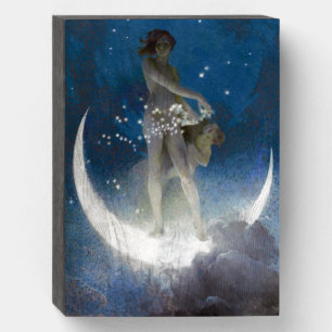 Luna Goddess at Night Scattering Stars Wooden Box Sign