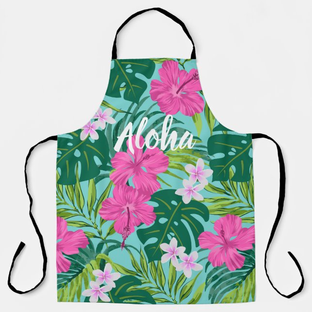 Luna Hibiscus Garden Hawaiian - Pink and Turq Apron (Front)