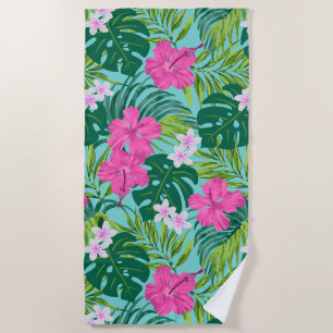 Luna Hibiscus Garden Hawaiian - Pink and Turq Beach Towel