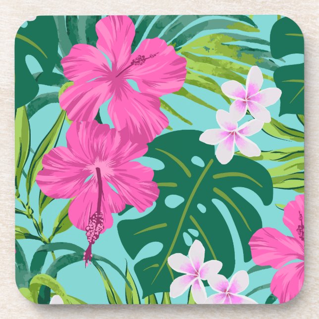 Luna Hibiscus Garden Hawaiian - Pink and Turq Beverage Coaster (Front)