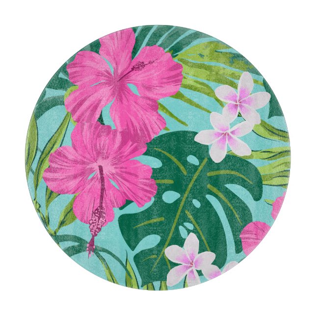Luna Hibiscus Garden Hawaiian - Pink and Turq Cutting Board (Front)