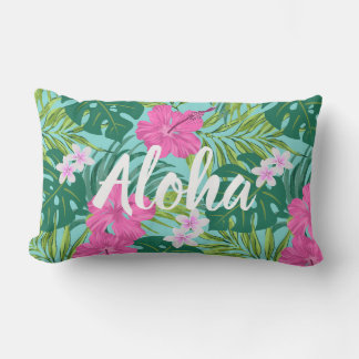Luna Hibiscus Garden Hawaiian - Pink and Turq Lumbar Pillow