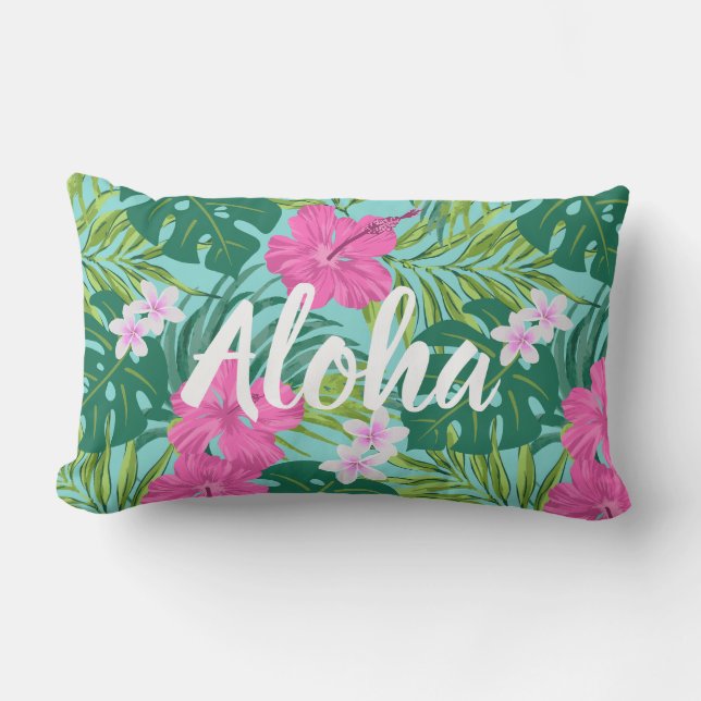 Luna Hibiscus Garden Hawaiian - Pink and Turq Lumbar Pillow (Front)