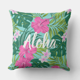 Luna Hibiscus Garden Hawaiian - Pink and Turq Outdoor Pillow