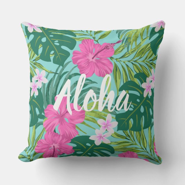 Luna Hibiscus Garden Hawaiian - Pink and Turq Outdoor Pillow (Front)