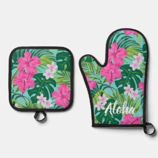 Luna Hibiscus Garden Hawaiian - Pink and Turq Oven Mitt & Pot Holder Set