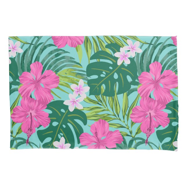Luna Hibiscus Garden Hawaiian - Pink and Turq Pillow Case (Front)