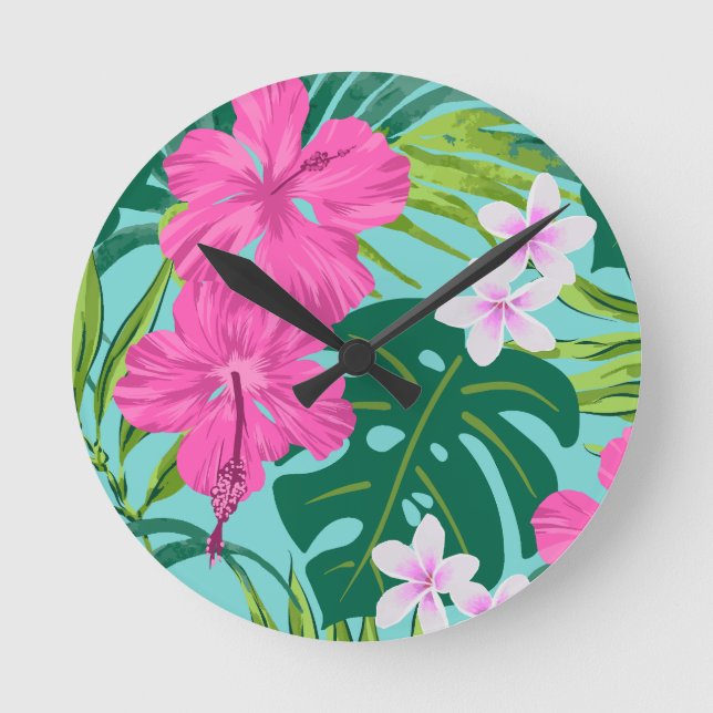 Luna Hibiscus Garden Hawaiian - Pink and Turq Round Clock (Front)