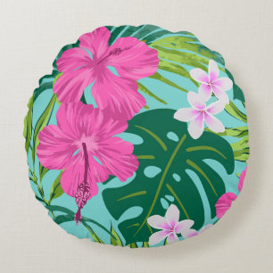 Luna Hibiscus Garden Hawaiian - Pink and Turq Round Pillow