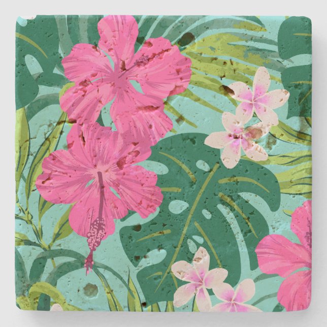 Luna Hibiscus Garden Hawaiian - Pink and Turq Stone Coaster (Front)