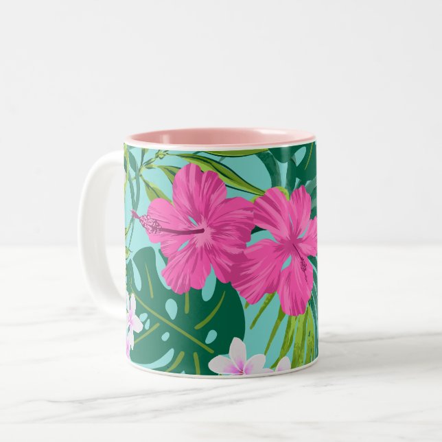 Luna Hibiscus Garden Hawaiian - Pink and Turq Two-Tone Coffee Mug (Front Left)