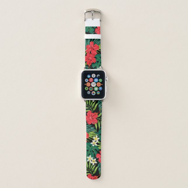 Luna Hibiscus Garden Hawaiian - Red and Black Apple Watch Band (Front)