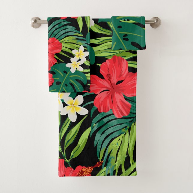 Luna Hibiscus Garden Hawaiian - red and Black Bath Towel Set (Insitu)