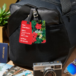 Luna Hibiscus Garden Hawaiian - Red and Black Luggage Tag