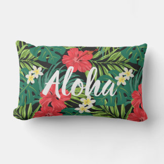 Luna Hibiscus Garden Hawaiian - Red and Black Lumbar Pillow