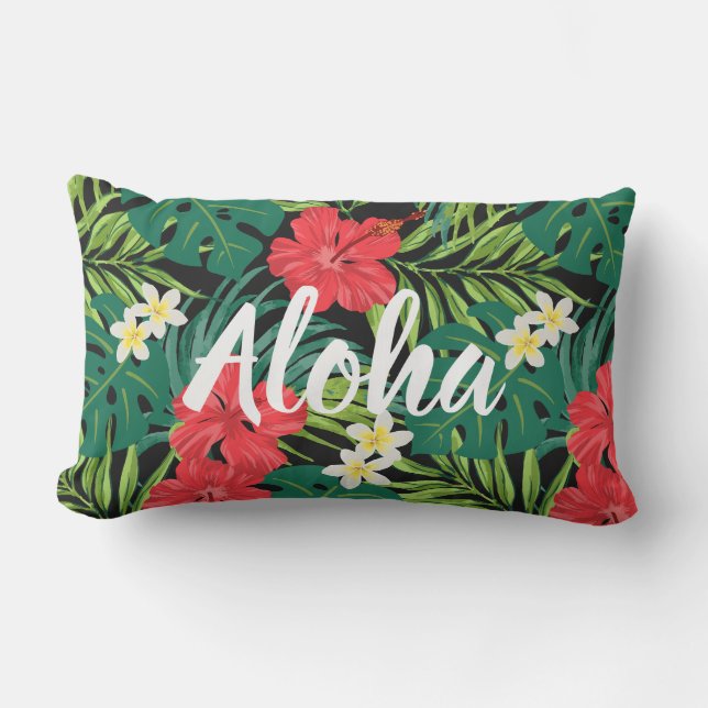 Luna Hibiscus Garden Hawaiian - Red and Black Lumbar Pillow (Front)