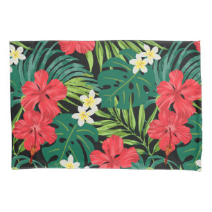 Luna Hibiscus Garden Hawaiian - Red and Black Pillow Case
