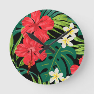 Luna Hibiscus Garden Hawaiian - Red and Black Round Clock