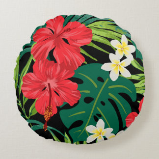Luna Hibiscus Garden Hawaiian - Red and Black Round Pillow