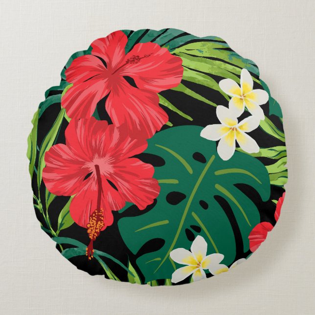 Luna Hibiscus Garden Hawaiian - Red and Black Round Pillow (Front)