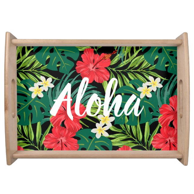 Luna Hibiscus Garden Hawaiian - Red and Black Serving Tray (Front)