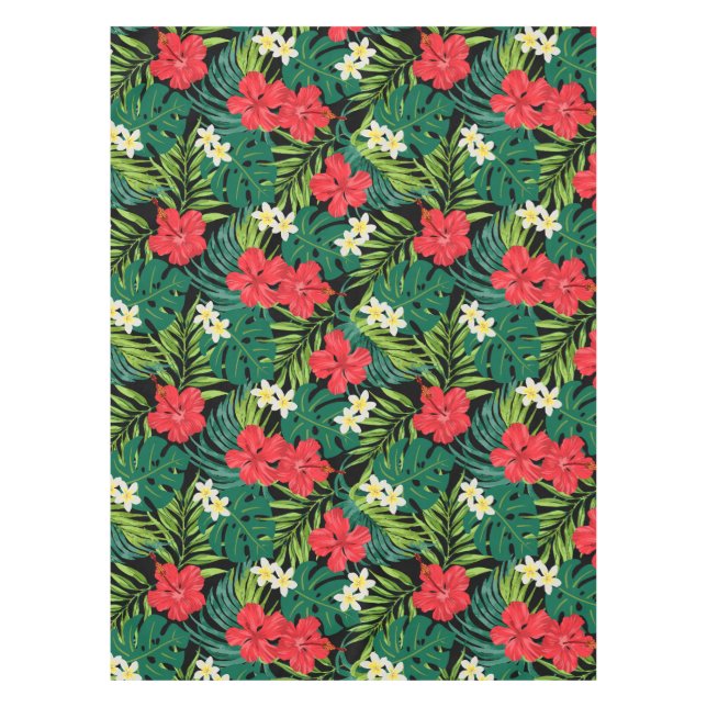Luna Hibiscus Garden Hawaiian - Red and Black Tablecloth (Front)