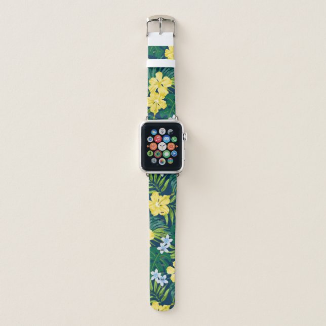 Luna Hibiscus Garden Hawaiian - Yellow and Navy Apple Watch Band (Front)