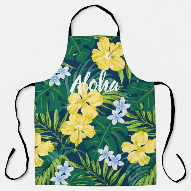 Luna Hibiscus Garden Hawaiian - Yellow and Navy Apron (Front)