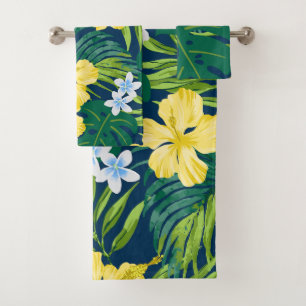 Luna Hibiscus Garden Hawaiian - Yellow and Navy Bath Towel Set
