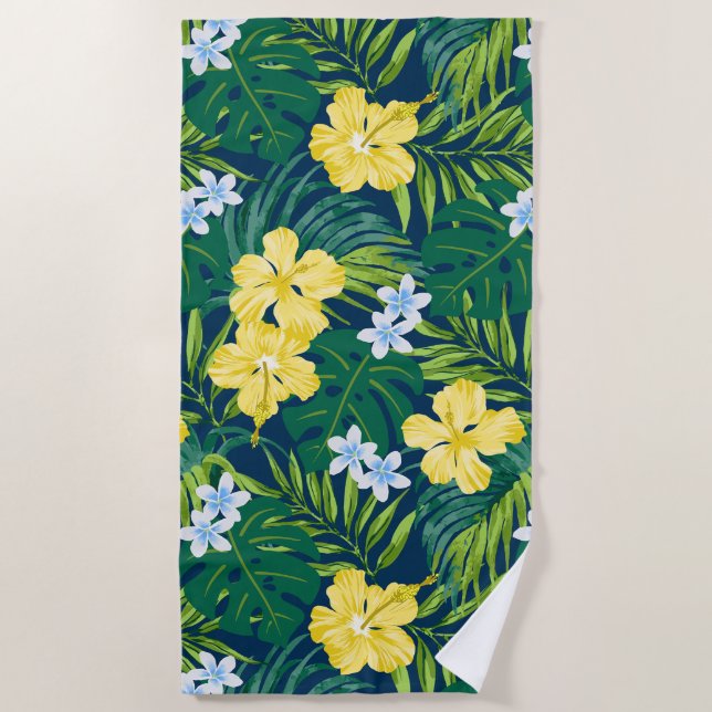 Luna Hibiscus Garden Hawaiian - Yellow and Navy Beach Towel (Front)