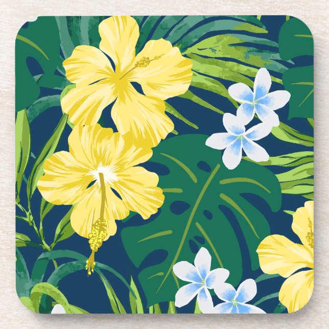 Luna Hibiscus Garden Hawaiian - Yellow and Navy Beverage Coaster (Front)