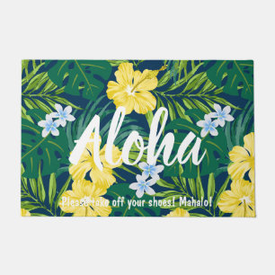 Luna Hibiscus Garden Hawaiian - Yellow and Navy Doormat